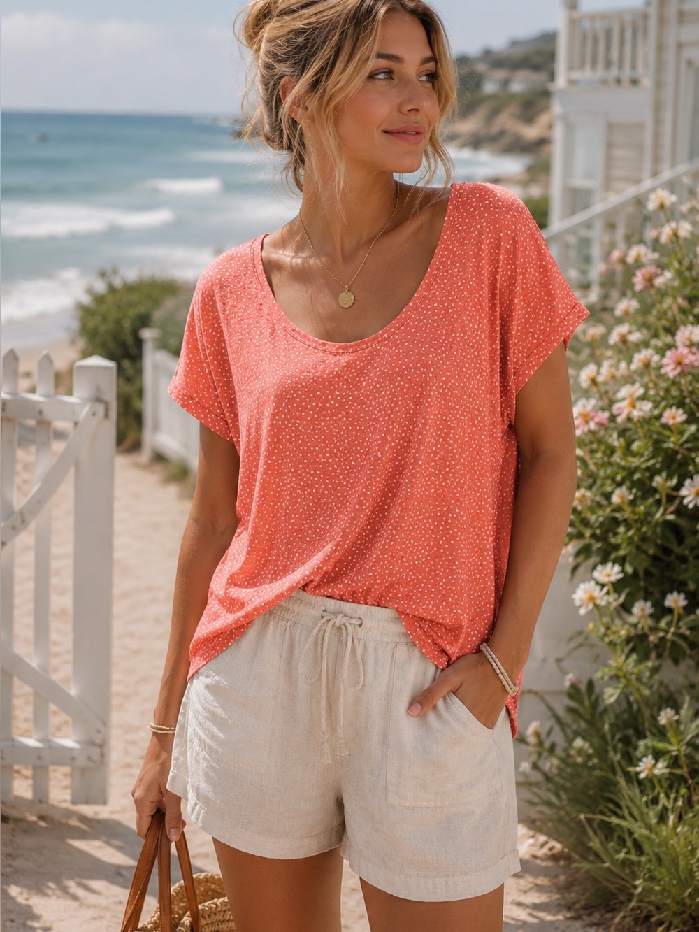 LOFT LINEN Orange White Polka Dot Coastal Beachy Tee Size M